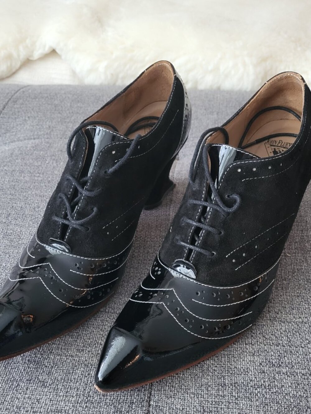 Fluevog Nora Black Leather Wingtip Heels size 9